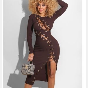 Chocolate brown ribbed midi dress with cutouts